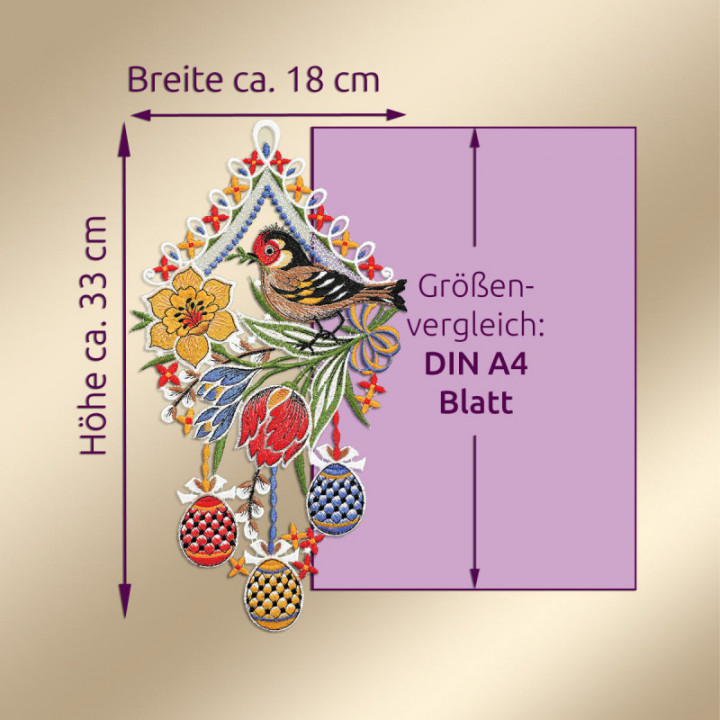 Gesticktes Fensterbild Stieglitz: Vogtländische Spitze & Frühlingsdeko