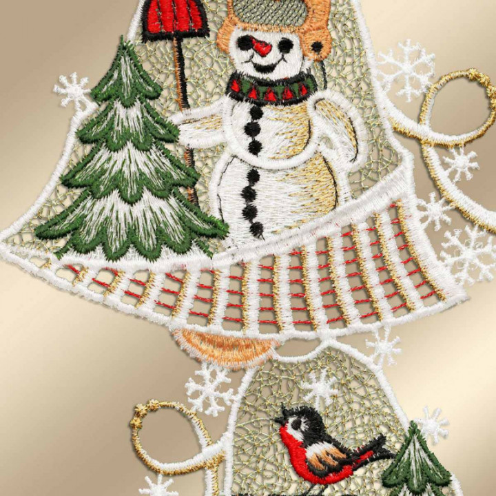 Fensterbild Glocken mit Schneemann Plauener Spitze beige