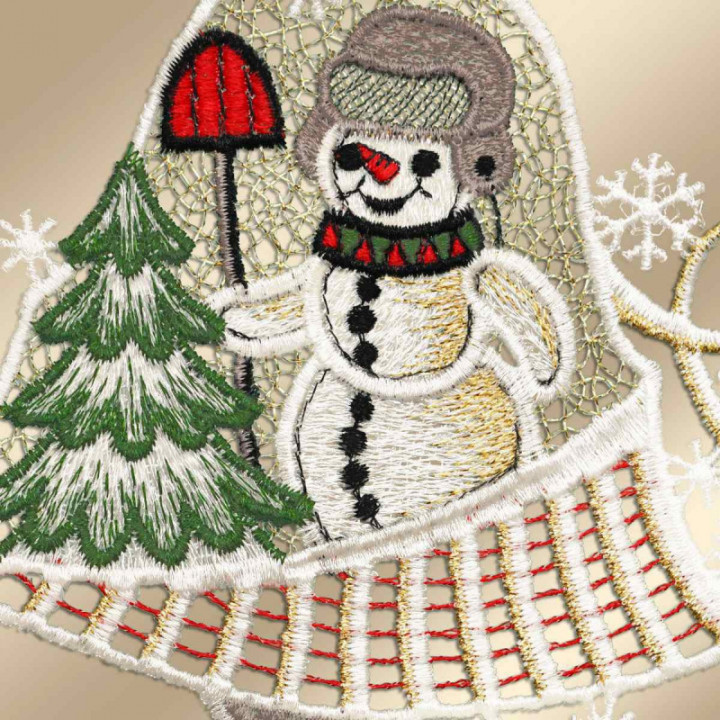 Fensterbild Glocken mit Schneemann Plauener Spitze grau