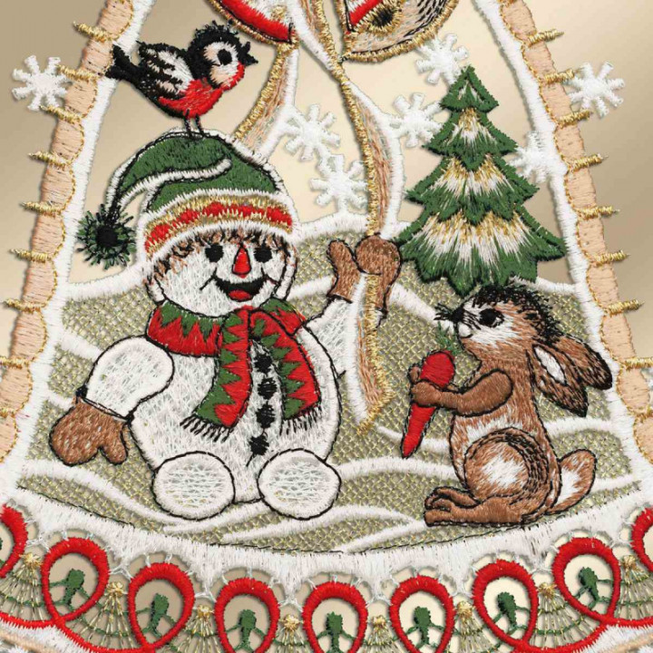 Fensterbild Schneemann und Hase Plauener Spitze braun