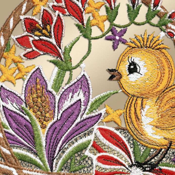 Fensterbild Küken im Osterkorb - Vogtländische Spitze - 33x18 cm