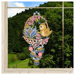 Fensterbild Küken im Osterkorb | Vogtländische Spitze Blau & Bunt | Frühlingsdeko Ostern HxB 33x18 cm