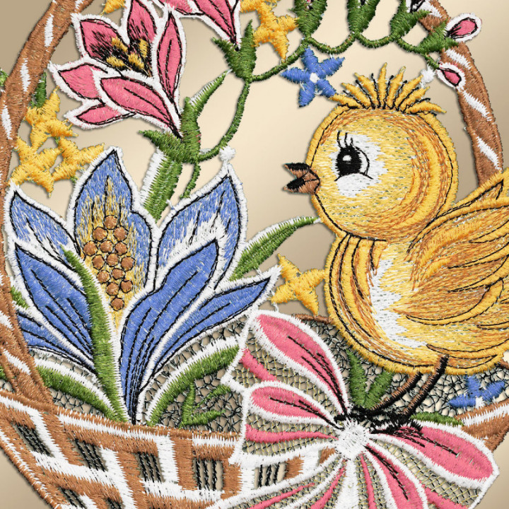Fensterbild Küken im Osterkorb | Vogtländische Spitze Blau & Bunt | Frühlingsdeko Ostern HxB 33x18 cm