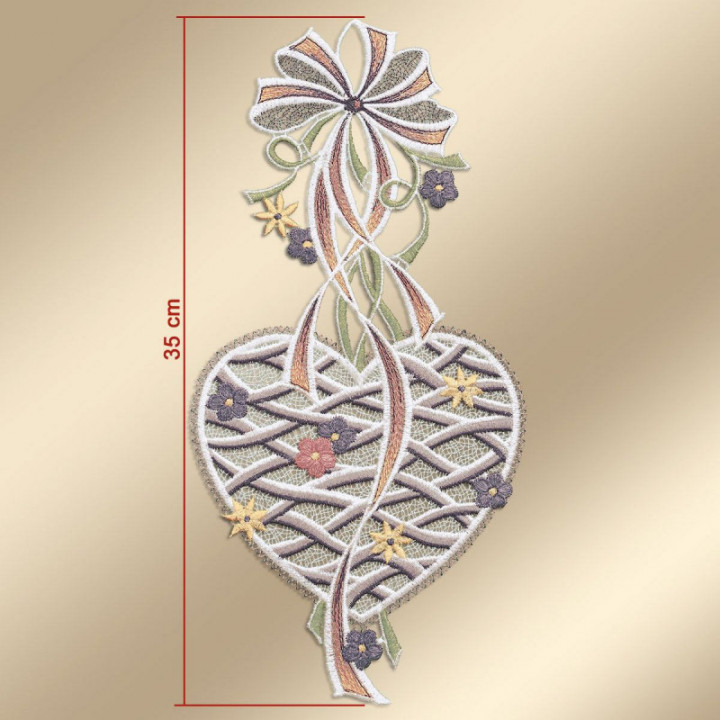 Fensterbild Herz mit Schleife Plauener Spitze