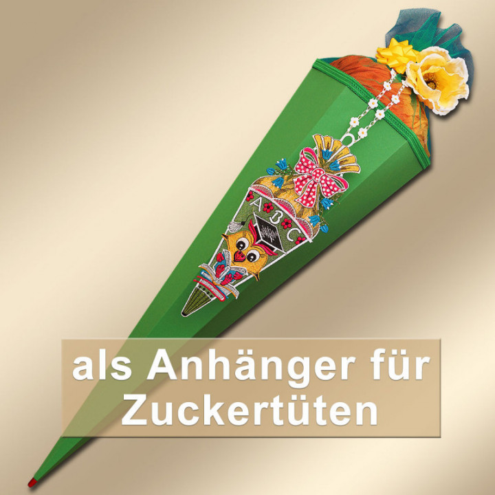 Geschenk-Anhänger Zuckertüte mit Eule Schulanfang Plauener Spitze