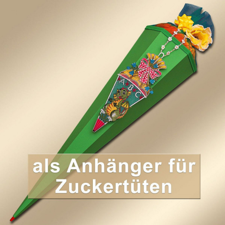 Geschenk-Anhänger Zuckertüte kleiner Drache Schulanfang Plauener Spitze