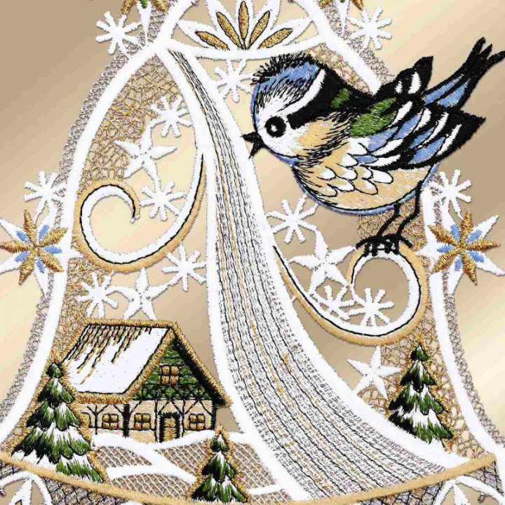 Winter-Fensterbild Glocke mit Vögelchen Plauener Spitze 34 x 20 cm