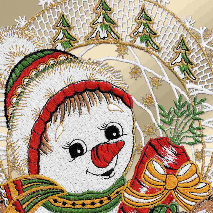 Winter-Fensterbild lustiger Schneemann Plauener Spitze 33 x 17 cm