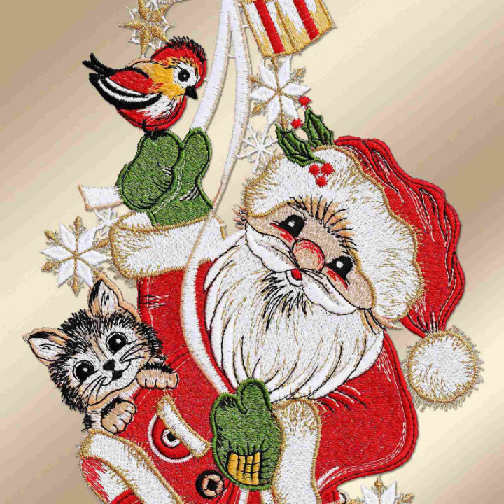 Fensterbild Weihnachtsmann mit Kätzchen Plauener Spitze 48 x 18 cm