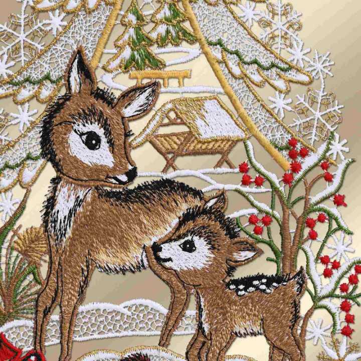 Winter-Fensterbild Rehlein mit Vögelchen Plauener Spitze 35 x 18 cm