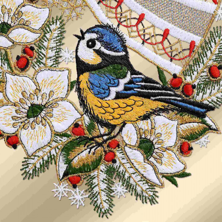 Fensterbild Blaumeisen auf Christrosenzweig Plauener Spitze 34 x 18 cm