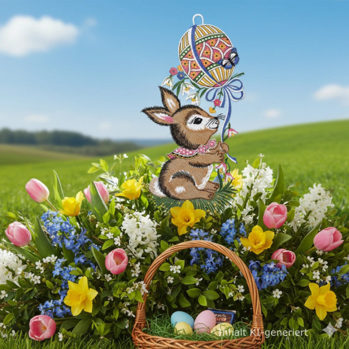 Fensterbild Hase mit Osterballon - Vogtländischer Spitze