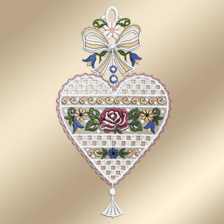 Fensterbild Herz Annemarie Plauener Spitze mit Rosen in bunt