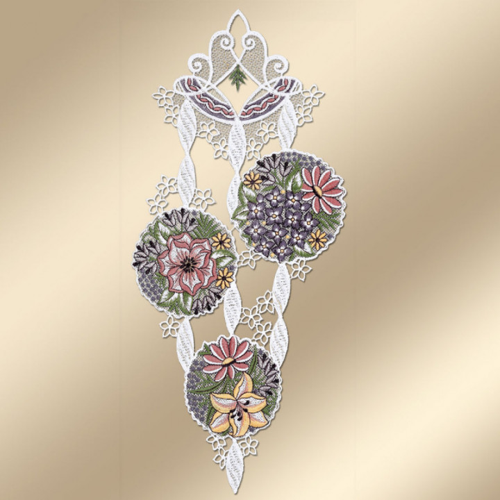 Fensterbild Blütenbälle violett - Echte Vogtländische Spitze