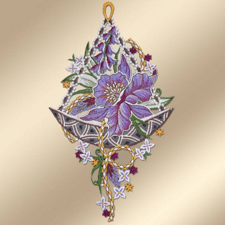 Fensterbild Orchidee lila - Echte Vogtländische Spitze - 34x14 cm