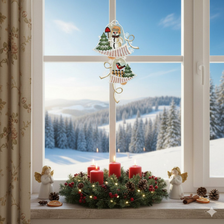 Fensterbild Glocken mit Schneemann Plauener Spitze beige