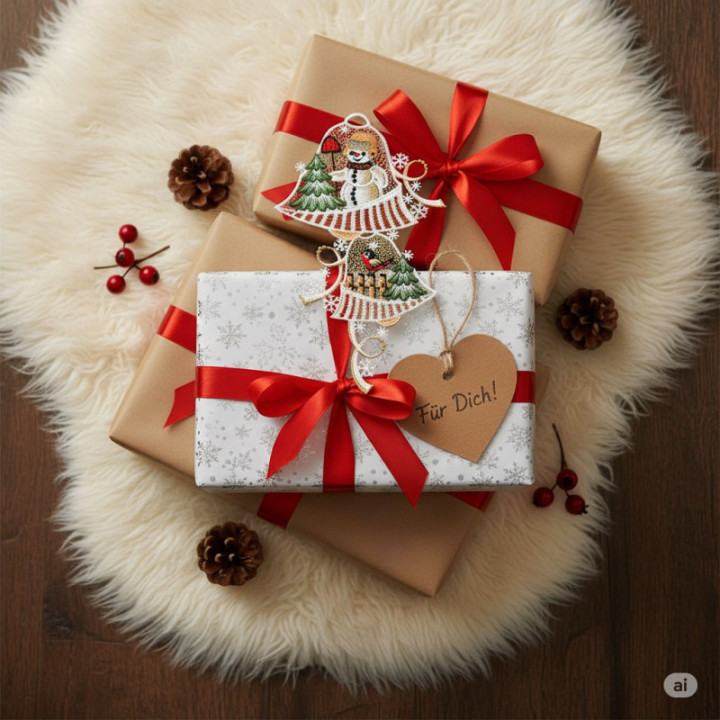 Fensterbild Glocken mit Schneemann Plauener Spitze beige