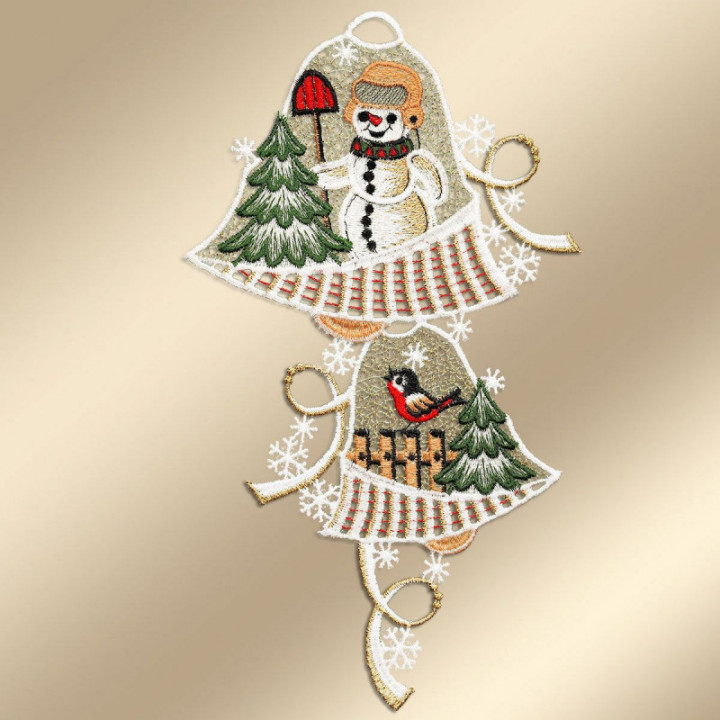 Fensterbild Glocken mit Schneemann Plauener Spitze beige