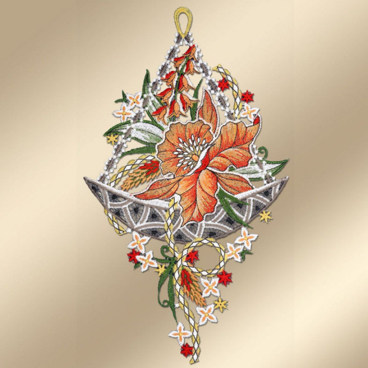 Fensterbild Orchidee orange - Echte Vogtländische Spitze - 34x14 cm