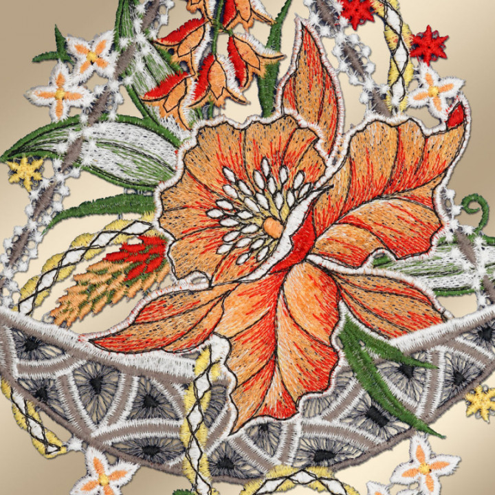 Fensterbild Orchidee orange - Echte Vogtländische Spitze - 34x14 cm