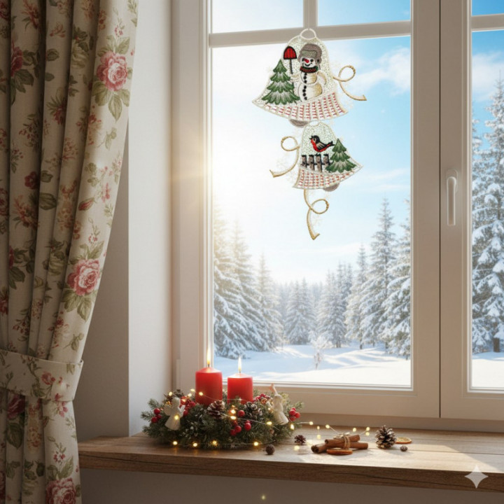 Fensterbild Glocken mit Schneemann Plauener Spitze grau