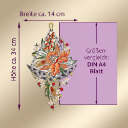 Fensterbild Orchidee Orange | Echte Vogtländische Spitze | Blumenstickerei 34x19cm