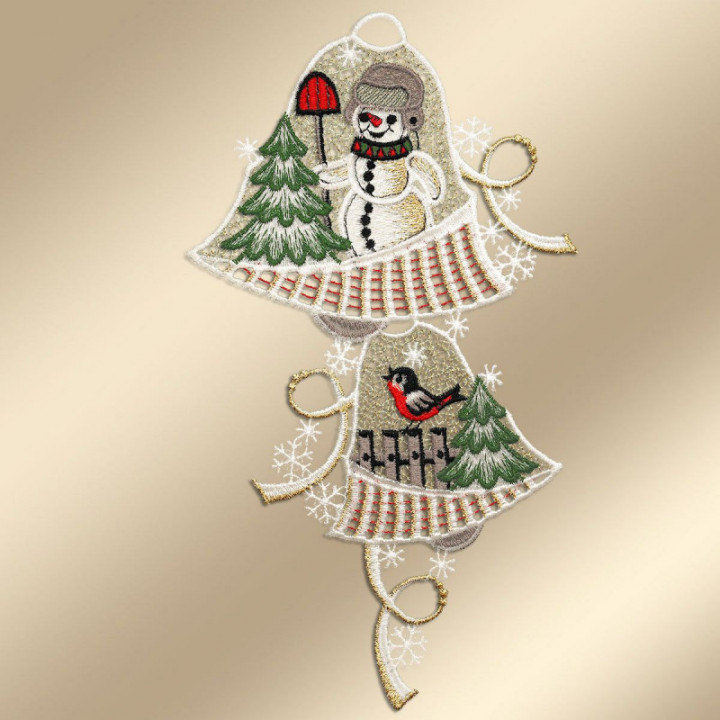 Fensterbild Glocken mit Schneemann Plauener Spitze grau