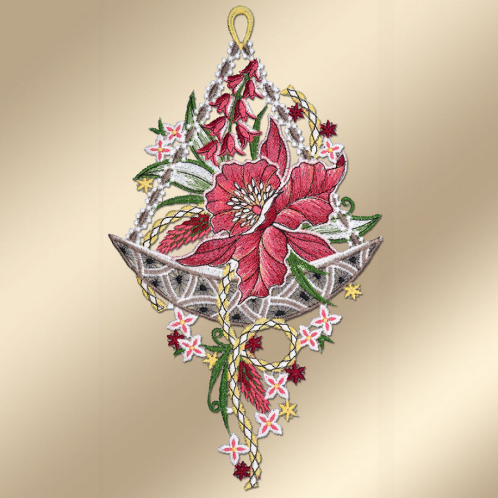 Fensterbild Orchidee rot - Echte Vogtländische Spitze - 34x19 cm