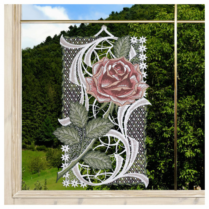 Fensterbild Rose Altrosa - Echte Vogtländische Spitze - 29x18 cm
