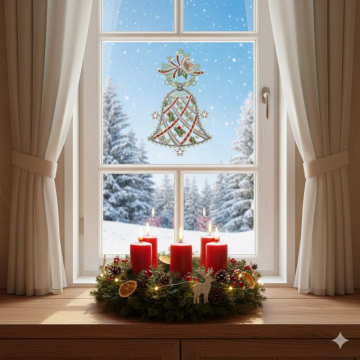 Spitzen-Fensterbild Glocke mit Christrose in grau Vogtländische Spitze | festliches gesticktes Wintermotiv 32 x 19 cm