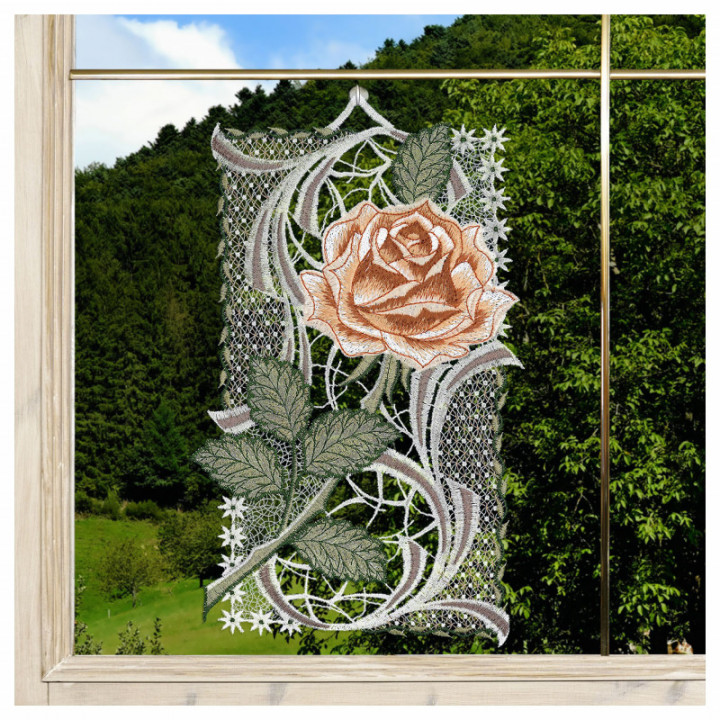 Fensterbild Rose karamell - Echte Vogtländische Spitze - 29x18 cm