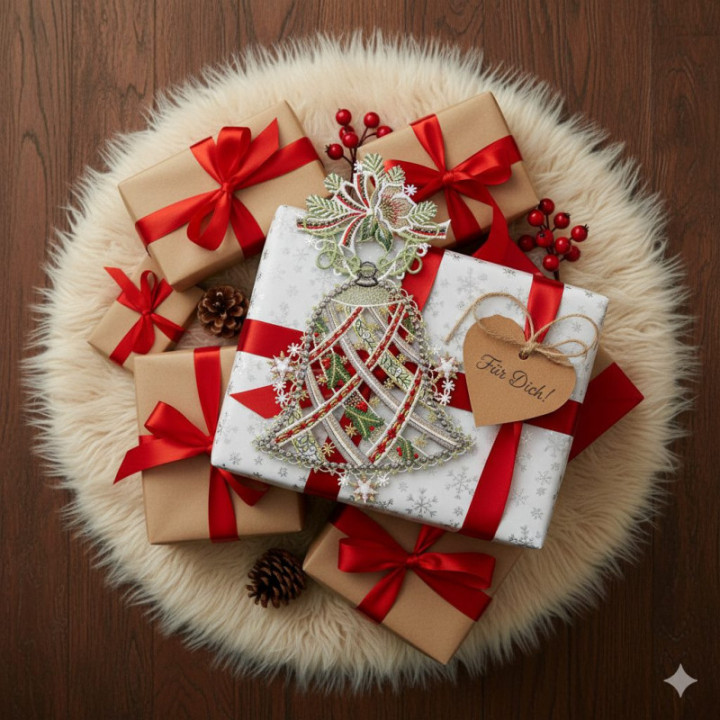 Spitzen-Fensterbild Glocke mit Christrose in grau Vogtländische Spitze | festliches gesticktes Wintermotiv 32 x 19 cm