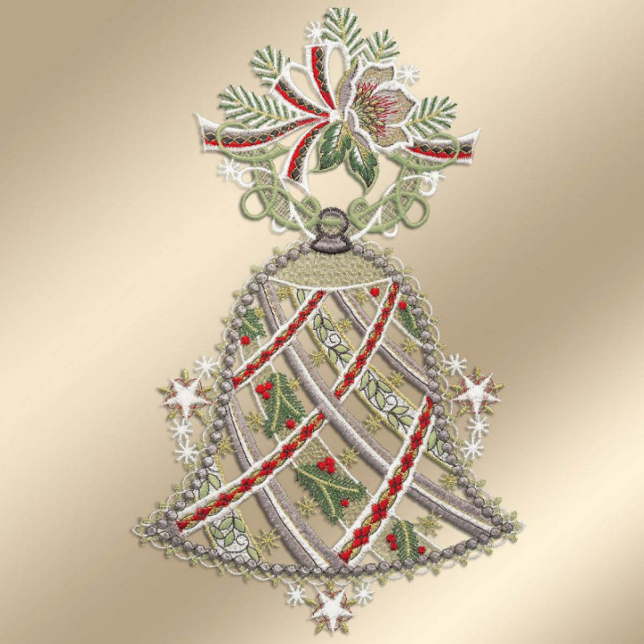Spitzen-Fensterbild Glocke mit Christrose in grau Vogtländische Spitze | festliches gesticktes Wintermotiv 32 x 19 cm