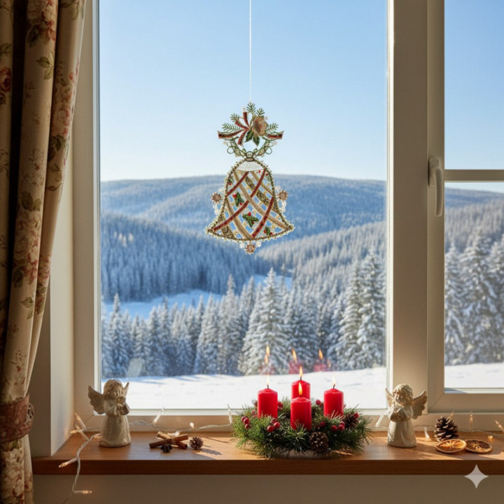 Spitzen-Fensterbild Glocke mit Christrose in beige Vogtländische Spitze | festliches gesticktes Wintermotiv 32 x 19 cm