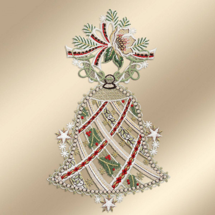 Spitzen-Fensterbild Glocke mit Christrose in beige Vogtländische Spitze | festliches gesticktes Wintermotiv 32 x 19 cm