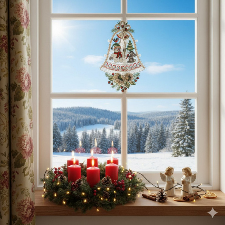 Fensterbild Schneemann und Hase Plauener Spitze grau