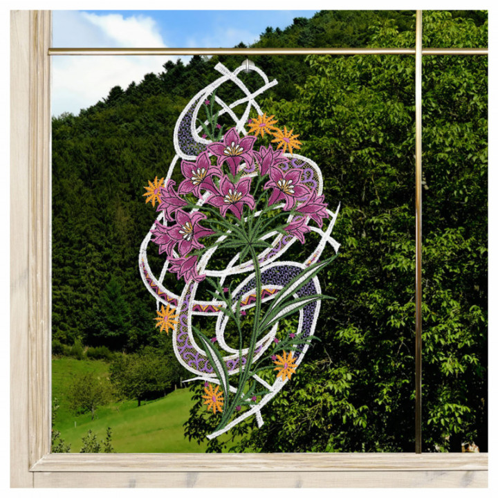 Fensterbild Allium helllila - Vogtländische Spitze - Landhaus-Deko 33x17 cm