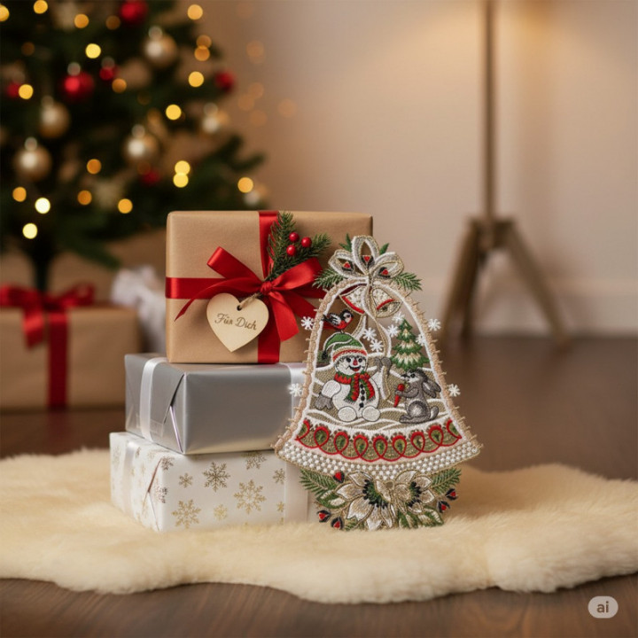 Fensterbild Schneemann und Hase Plauener Spitze grau