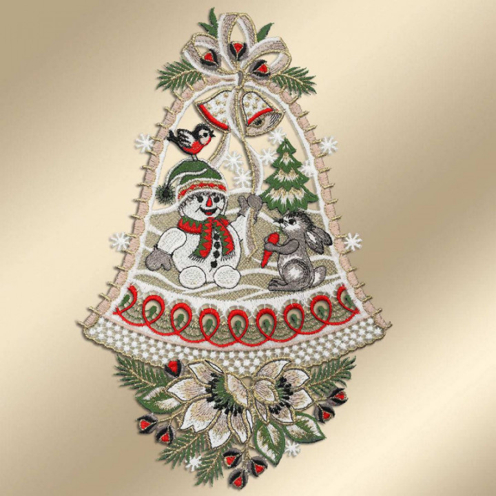 Fensterbild Schneemann und Hase Plauener Spitze grau