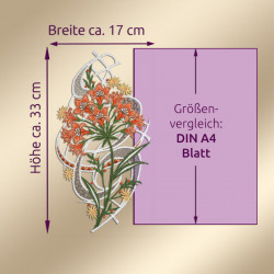 Fensterbild Allium orange | Echte Vogtländische Spitze | Blumenstickerei Fensterdeko Landhaus-Stil 33x17 cm