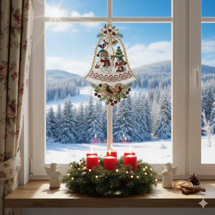 Fensterbild Schneemann und Hase Plauener Spitze braun