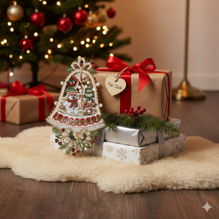 Fensterbild Schneemann und Hase Plauener Spitze braun