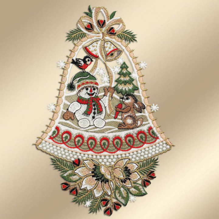 Fensterbild Schneemann und Hase Plauener Spitze braun