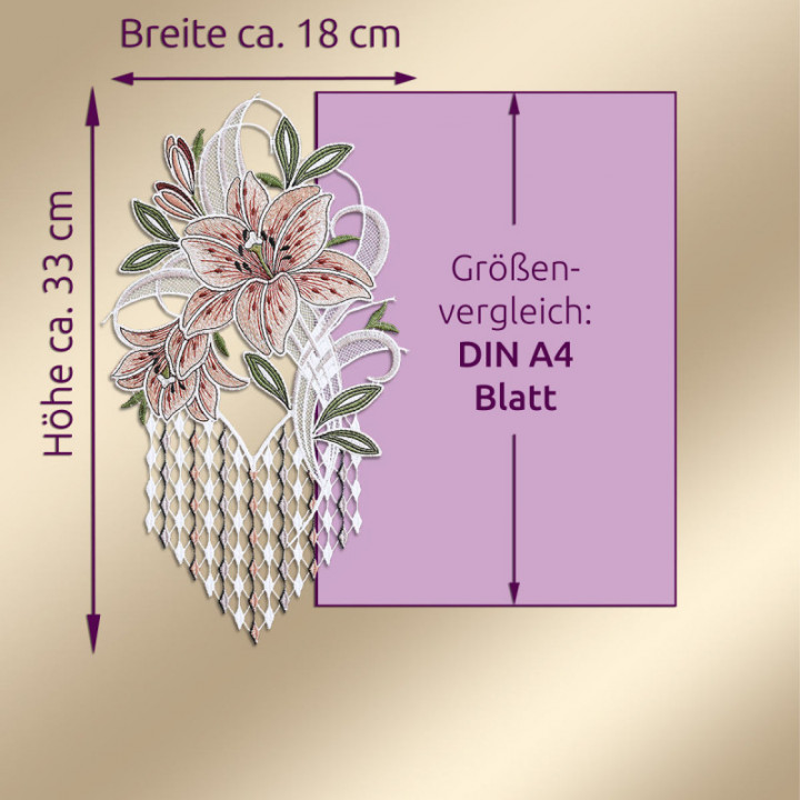 Fensterbild LeFensterbild Leila - Lilie rosa - echte Vogtländische Spitze - 33x18ila mit Lilie in rosa Plauener Spitze