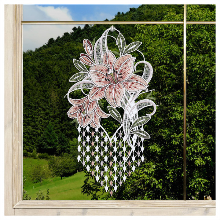 Fensterbild LeFensterbild Leila - Lilie rosa - echte Vogtländische Spitze - 33x18ila mit Lilie in rosa Plauener Spitze