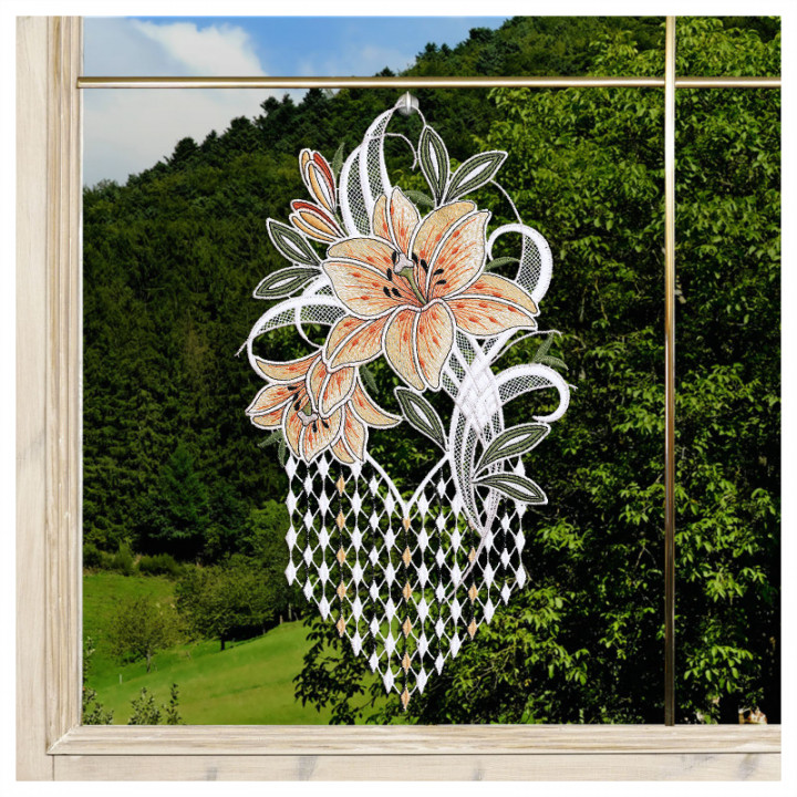 Fensterbild Leila Lilie gelb - Plauener Spitze 33x18 cm