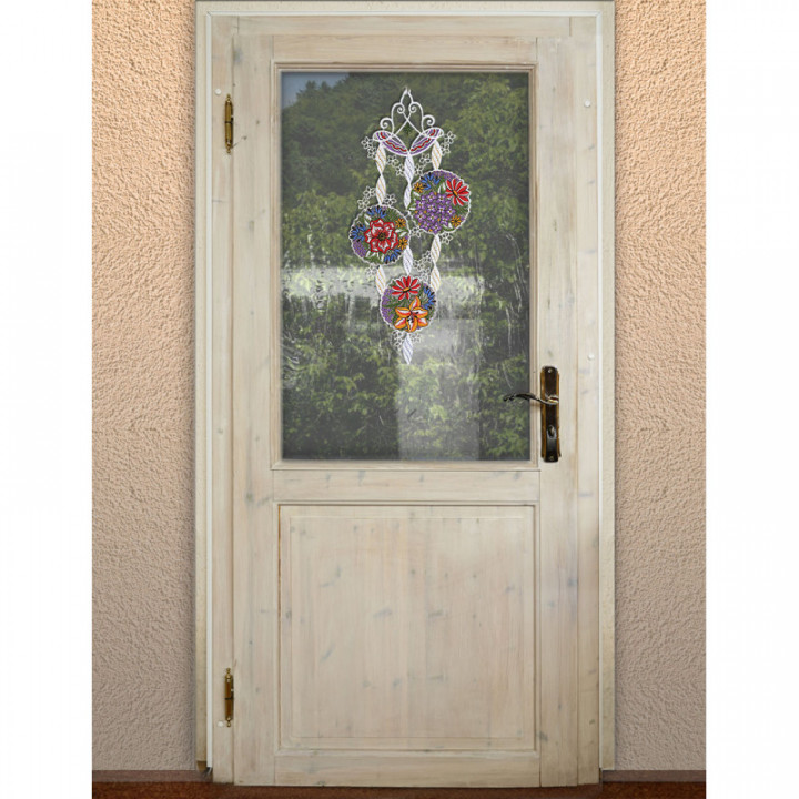 Fensterbild Blütenbälle rot-blau - Vogtländische Spitze - 40x19 cm