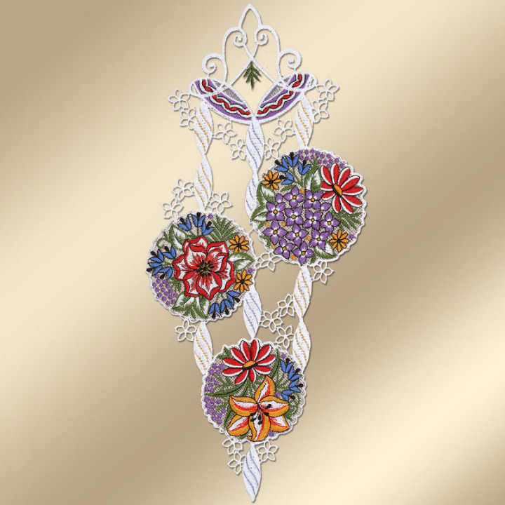 Fensterbild Blütenbälle rot-blau - Vogtländische Spitze - 40x19 cm