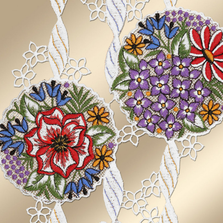 Fensterbild Blütenbälle rot-blau - Vogtländische Spitze - 40x19 cm