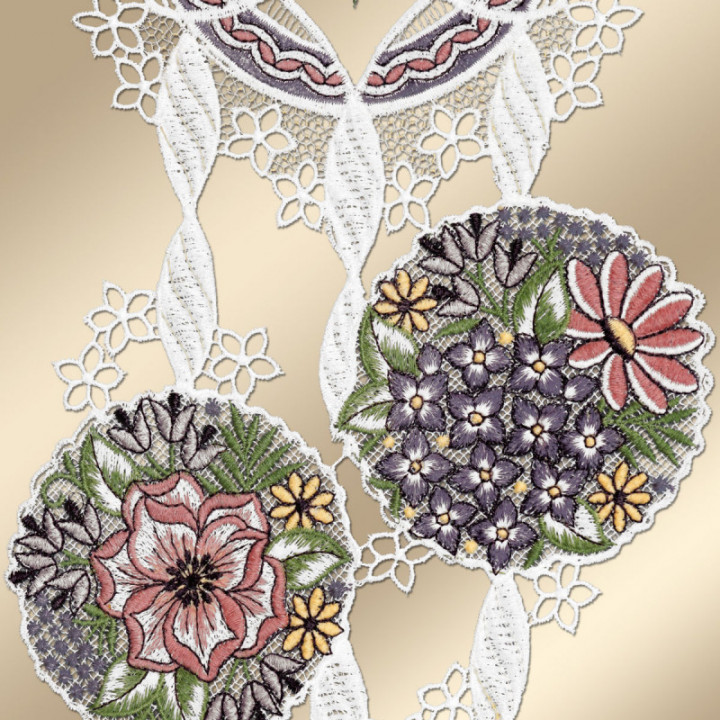 Fensterbild Blütenbälle violett - Echte Vogtländische Spitze